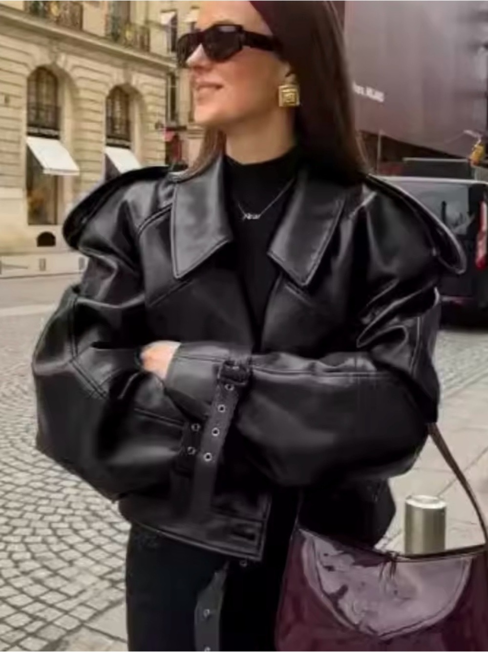 & Other Stories Black Puff-Sleeve Faux Leather Jacket